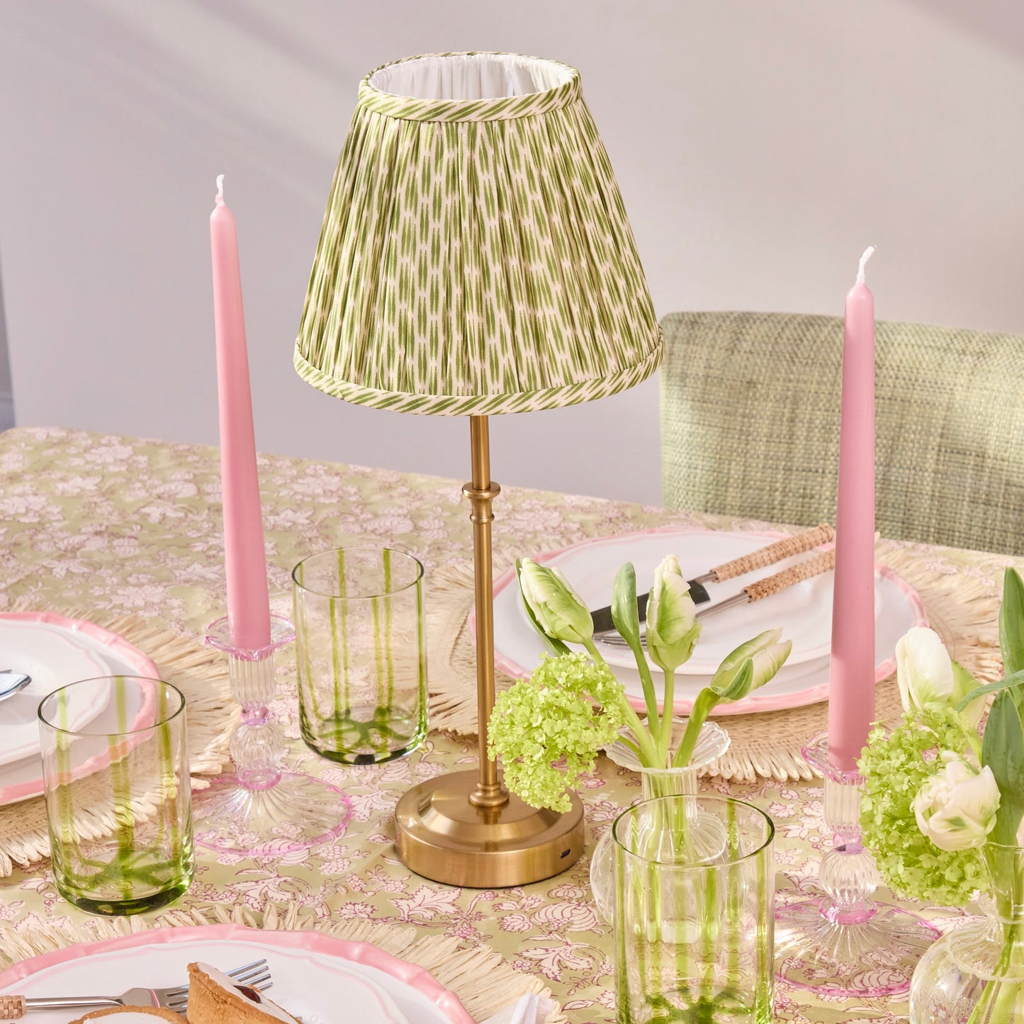 Lyla Rechargeable Table Lamp with Green Patola Lampshade