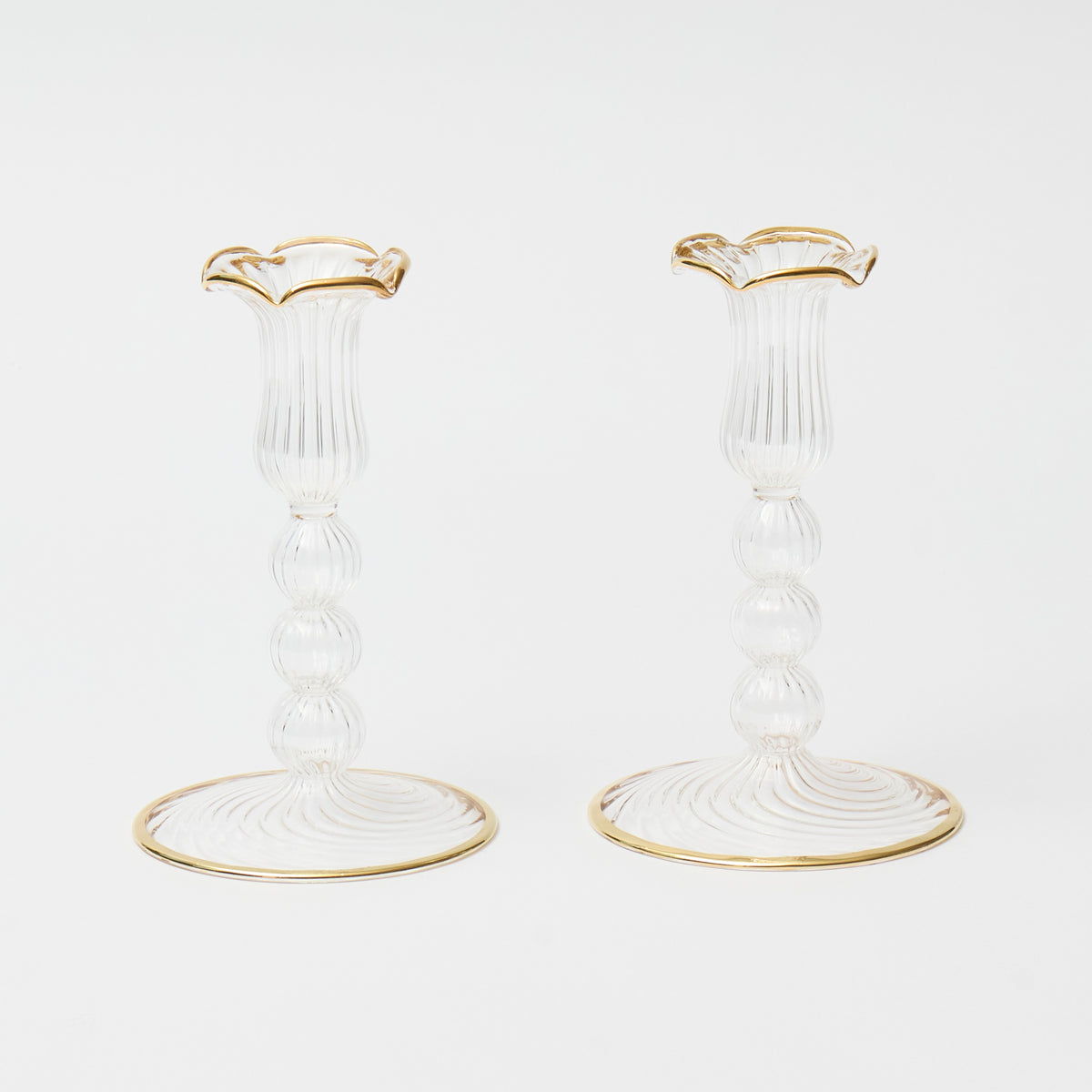 Gold Rimmed Glass Pompom Candlestick (Set of 2)