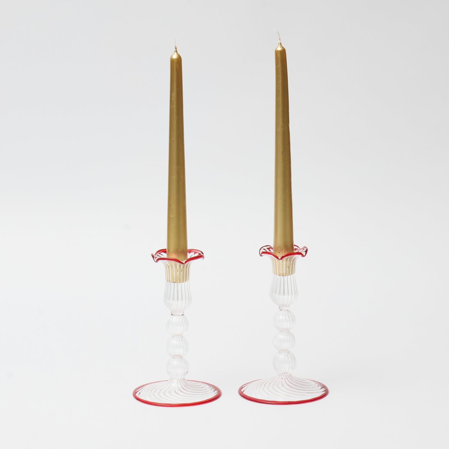 Red Rimmed Glass Pompom Candlestick (Set of 2)
