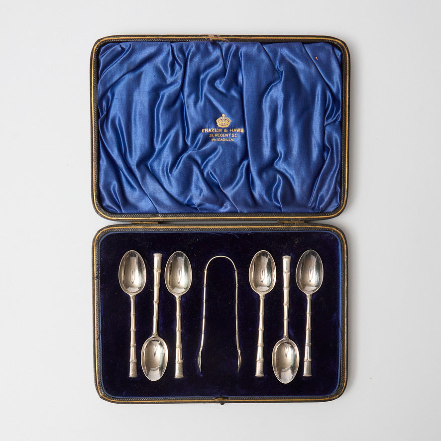 Sugar Tongs and Six Silver Bamboo Teaspoons