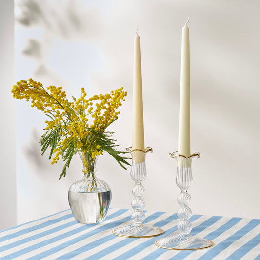 Gold Rimmed Glass Pompom Candlestick (Set of 2)