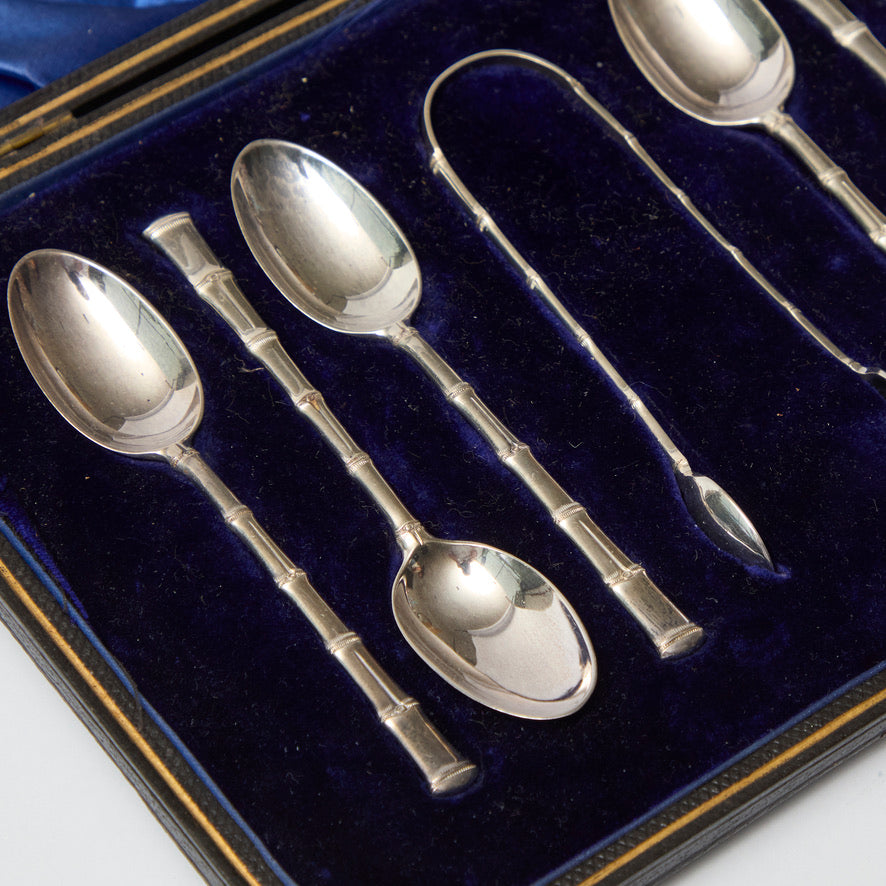 Sugar Tongs and Six Silver Bamboo Teaspoons