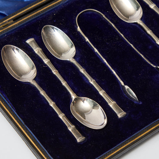 Sugar Tongs and Six Silver Bamboo Teaspoons
