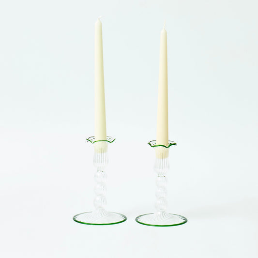 Green Rimmed Glass Pompom Candlestick (Set of 2)