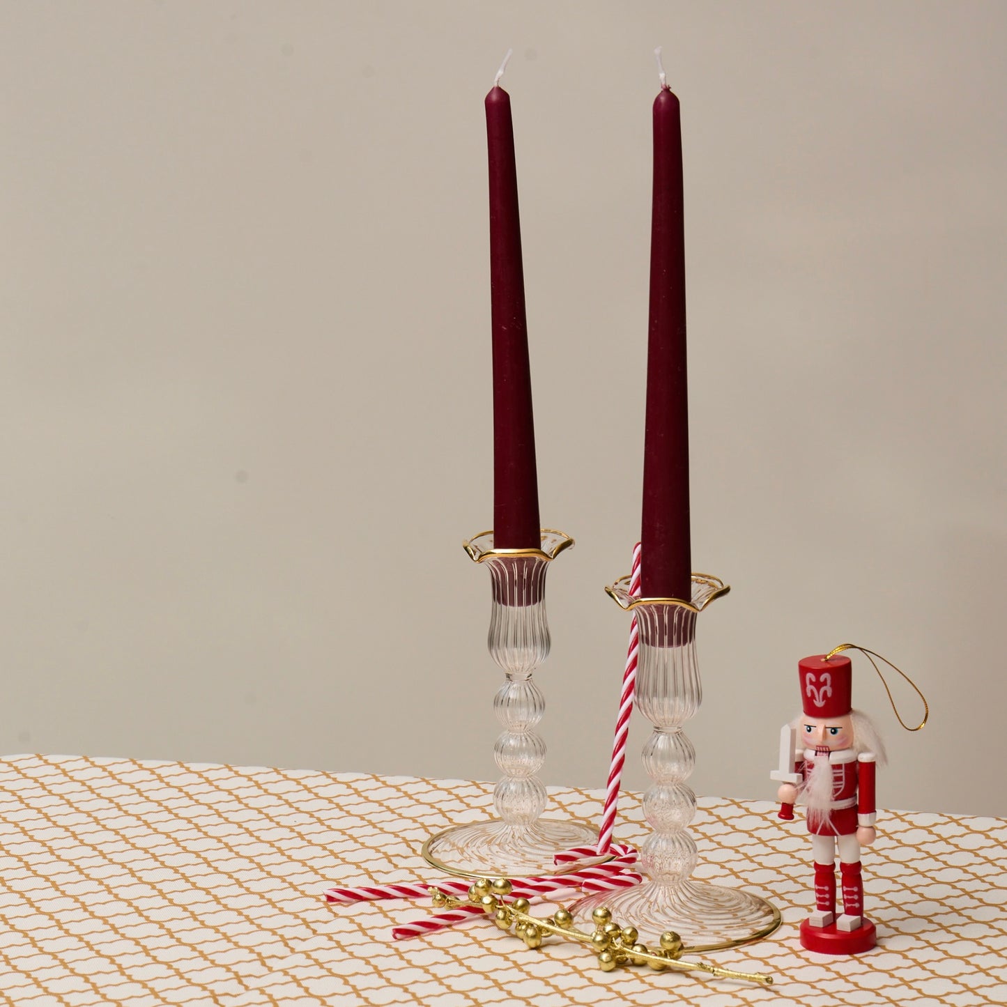 Gold Rimmed Glass Pompom Candlestick (Set of 2)