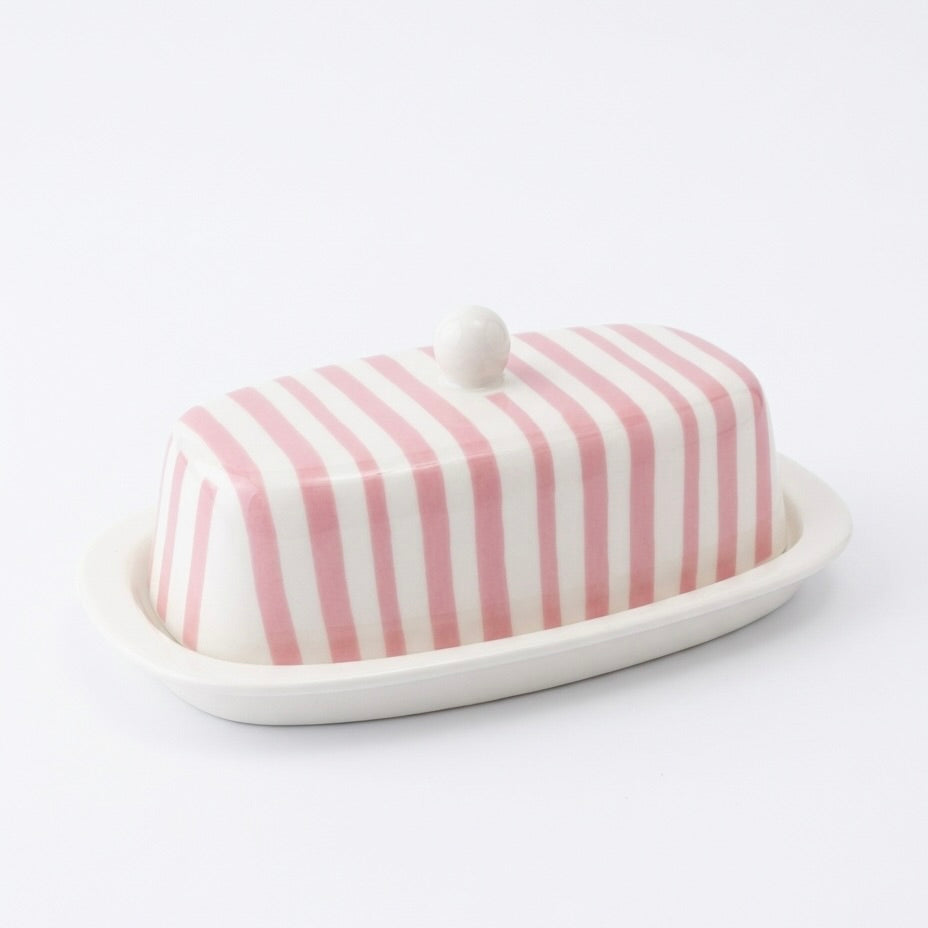 Pink Striped Butter Dish
