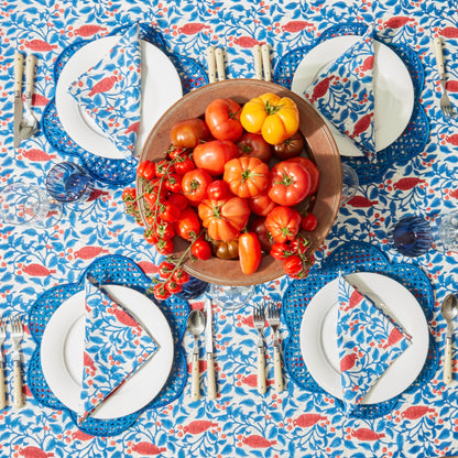 Blue and Red Birdsong Indian Block Print Tablecloth