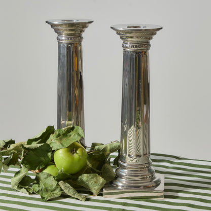 Pair of White Metal Empire Column Candlesticks