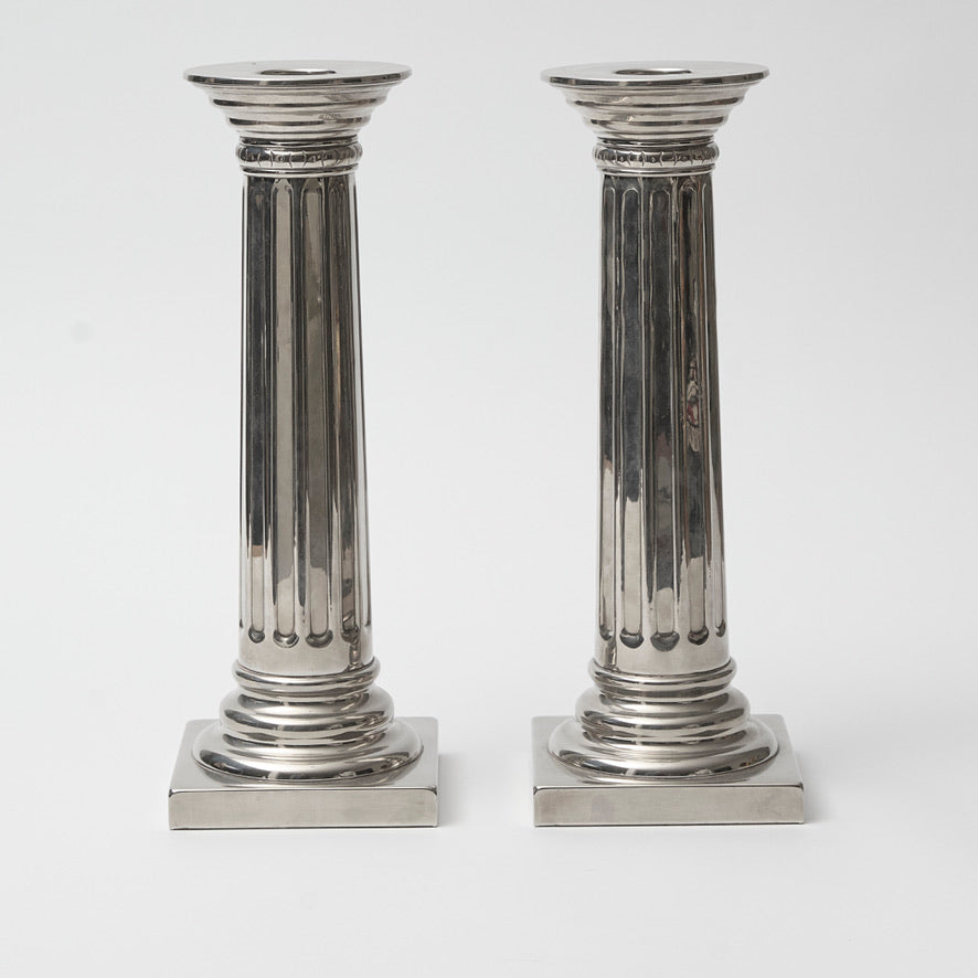 Pair of White Metal Empire Column Candlesticks