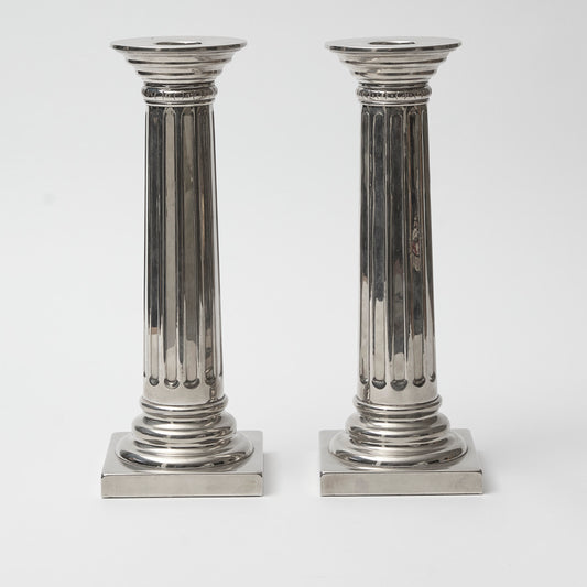 Pair of White Metal Empire Column Candlesticks