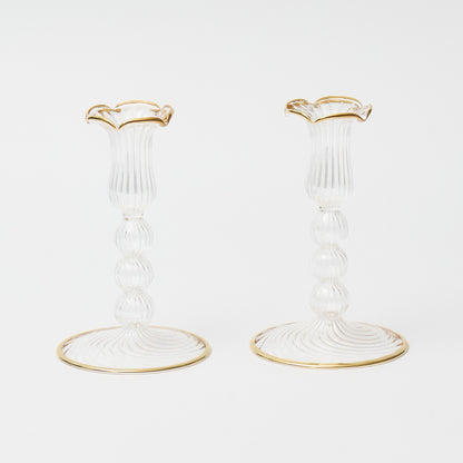 Gold Rimmed Glass Pompom Candlestick (Set of 2)