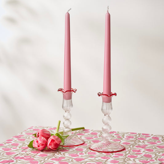 Red Rimmed Glass Pompom Candlestick (Set of 2)