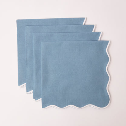 Blue Wave napkins with white embroidered edge  (Set of 4)