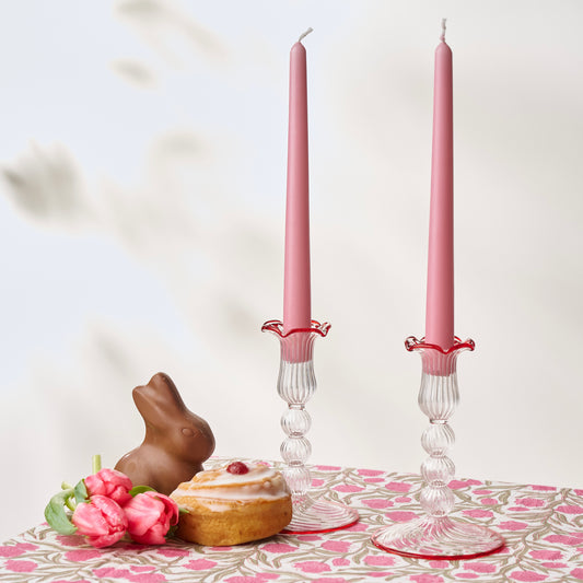 Red Rimmed Glass Pompom Candlestick (Set of 2)