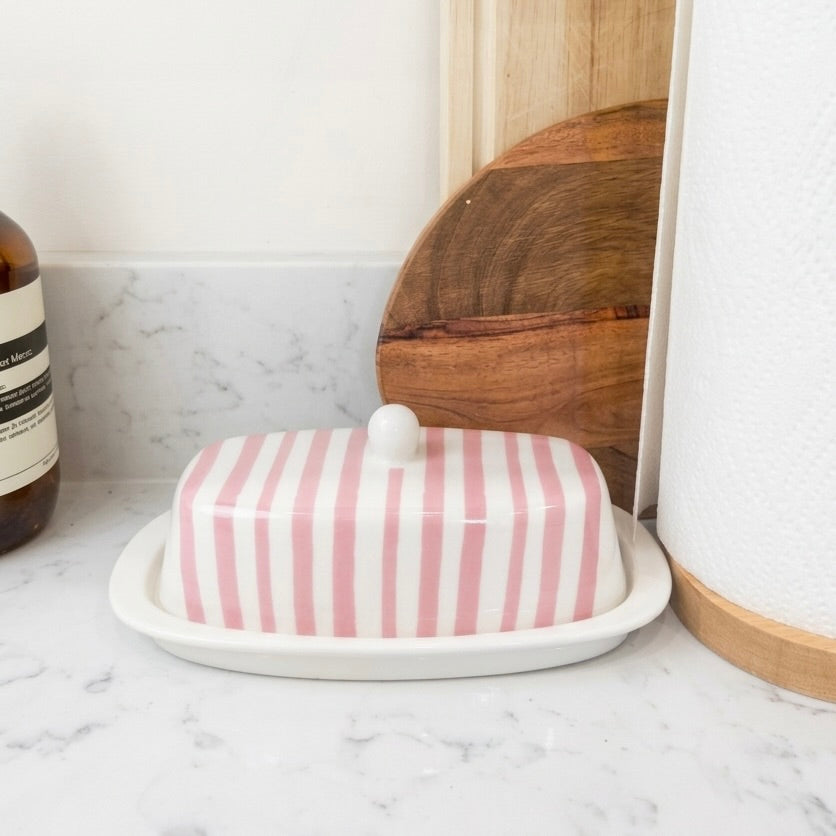 Pink Striped Butter Dish
