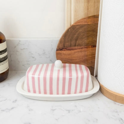 Pink Striped Butter Dish