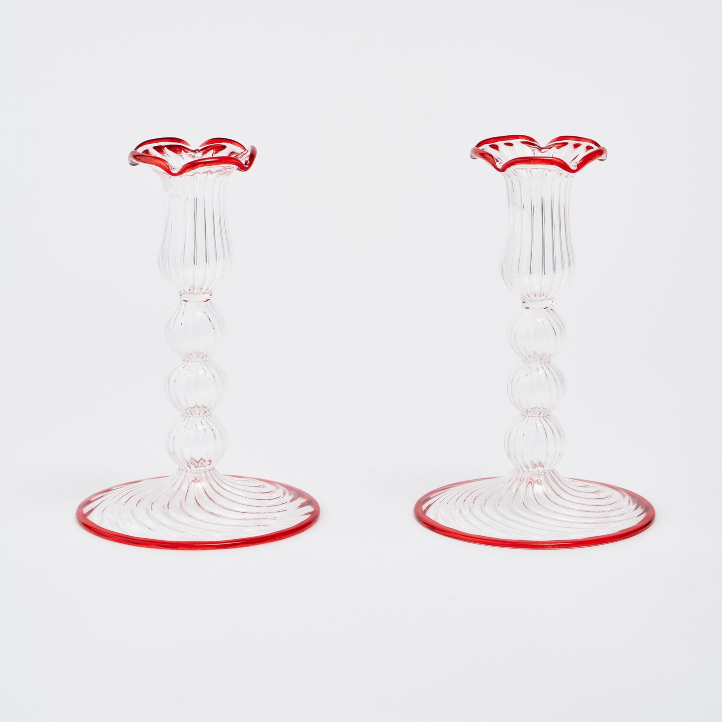 Red Rimmed Glass Pompom Candlestick (Set of 2)