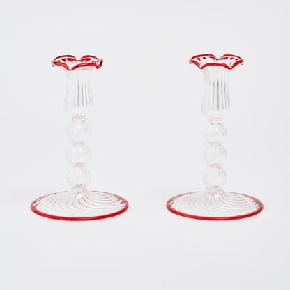 Red Rimmed Glass Pompom Candlestick (Set of 2)