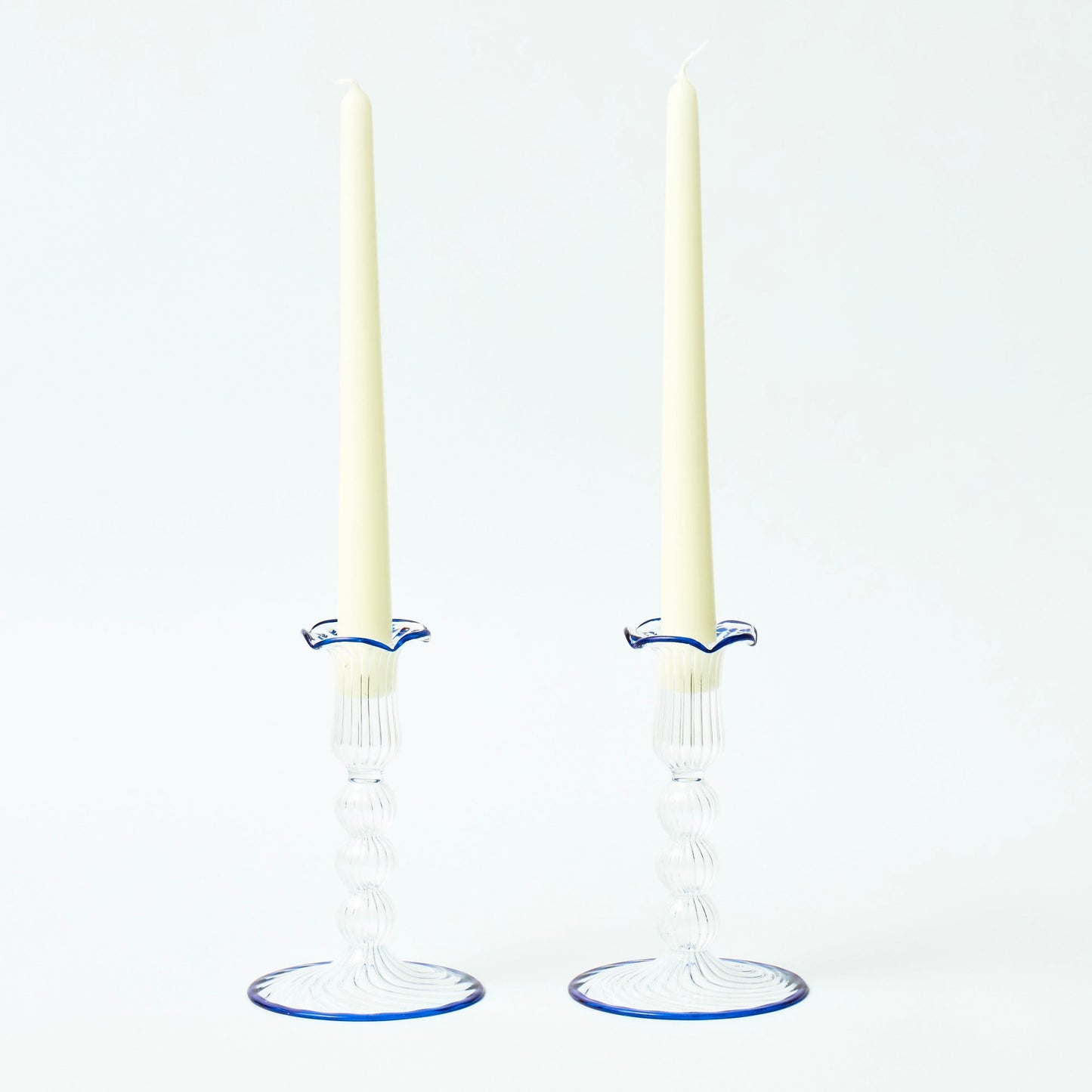 Blue Rimmed Glass PomPom Candleholders (Pair)