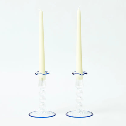 Blue Rimmed Glass PomPom Candleholders (Pair)