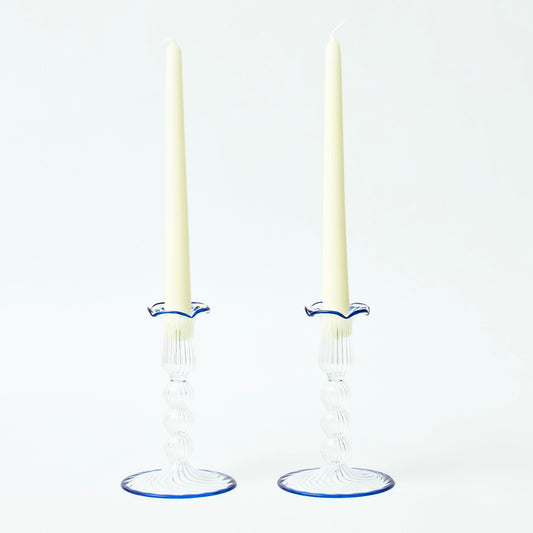 Blue Rimmed Glass PomPom Candleholders (Pair)