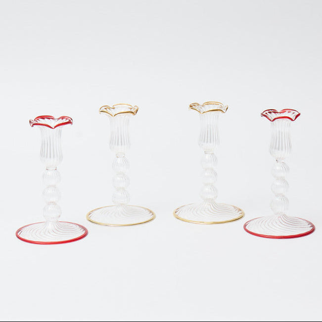 Red Rimmed Glass Pompom Candlestick (Set of 2)